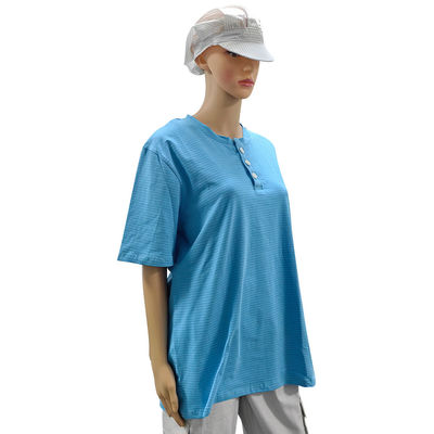 Reinraum 99% Baumwolle + 1% Kohlenstofffaser Blau Unisex ESD Antistatisches O-Hals-T-Shirt mit 3 Knöpfen