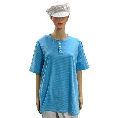 Reinraum 99% Baumwolle + 1% Kohlenstofffaser Blau Unisex ESD Antistatisches O-Hals-T-Shirt mit 3 Knöpfen
